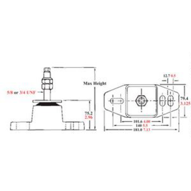 Dimensions of R and D Drivetrain 5/8" Stud Double Acting Shear Loaded Engine Mount