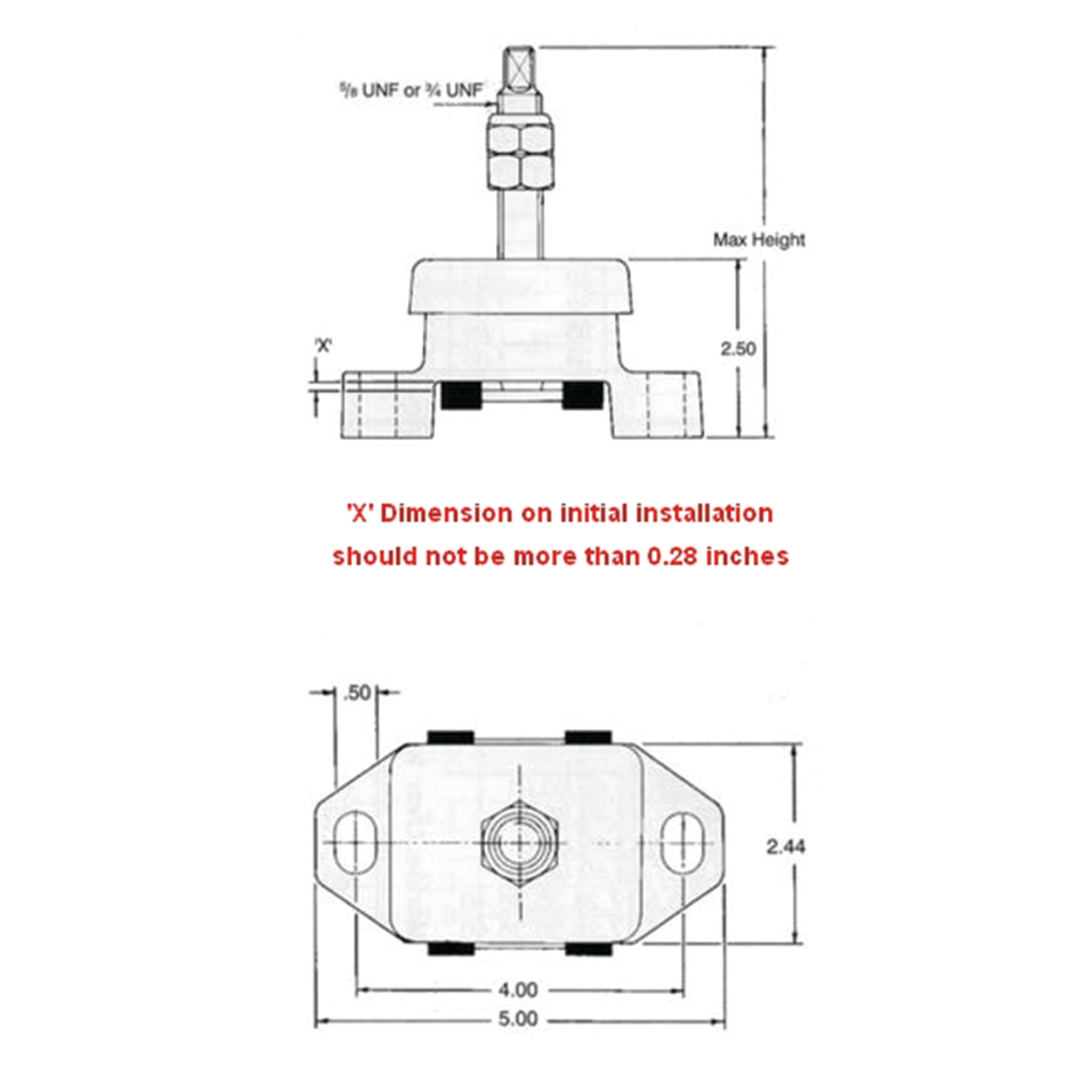 Dimension of R and D Drivetrain 5/8" Stud Wide Hole "Super Mount" - Shear Loaded