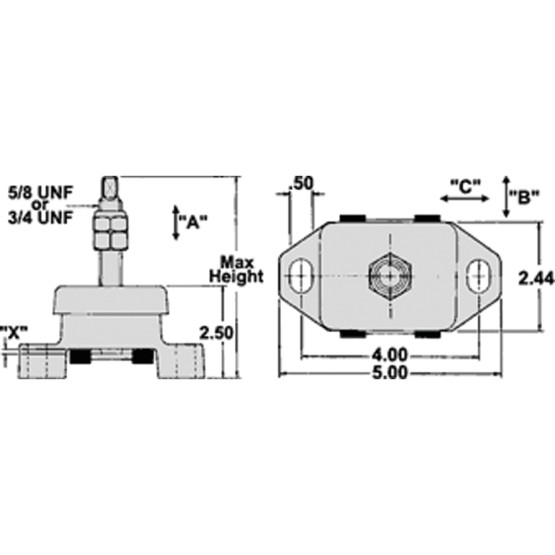 Dimensions of R and D Drivetrain 3/4" Stud Long Hole "Super Mount" - Shear Loaded