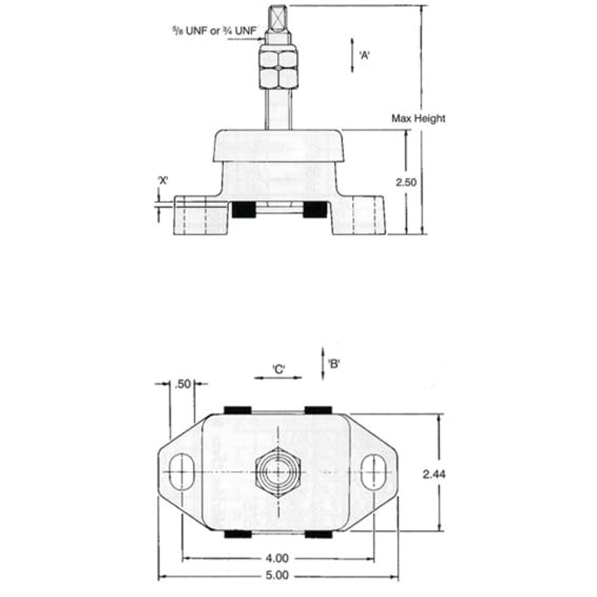 Dimensions of R and D Drivetrain 3/4" Stud Wide Hole Engine Mount - 4" Centers