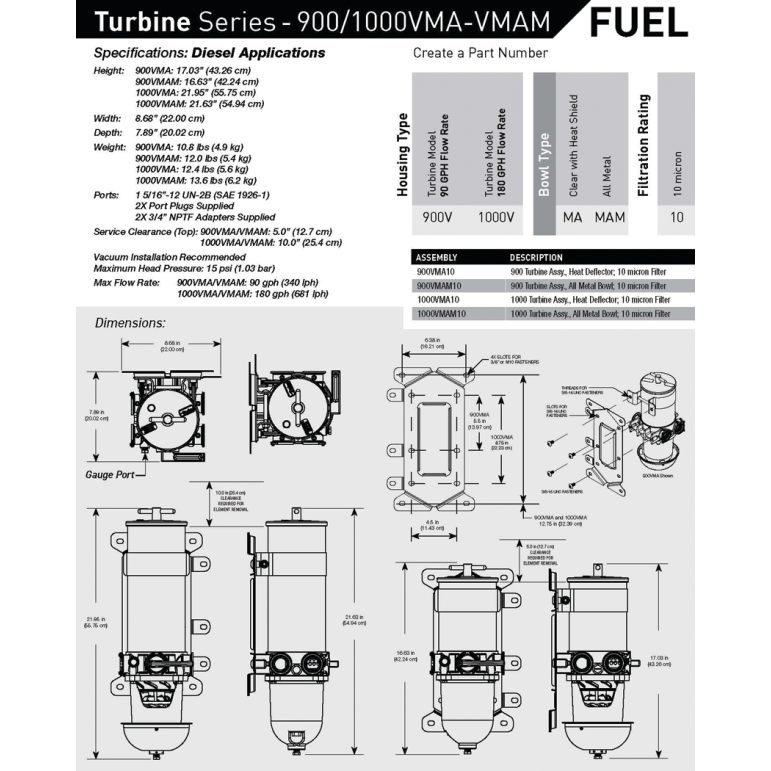 1000VMA Double Marine Turbine Fuel Filter - Clear Bowls w/ Heat Shields