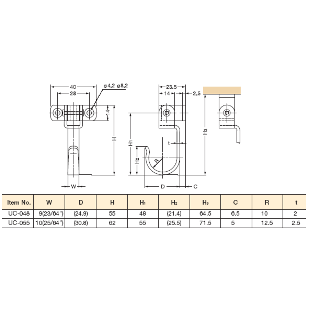 dimensions of Sugatsune 304 Swing Hook