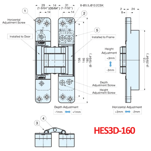 HES3D-120 Series 3-Way Adjustable Concealed Door Hinge