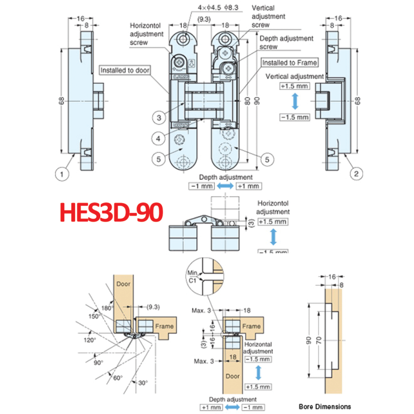 HES3D Series 3-Way Adjustable Concealed Cabinet Hinge
