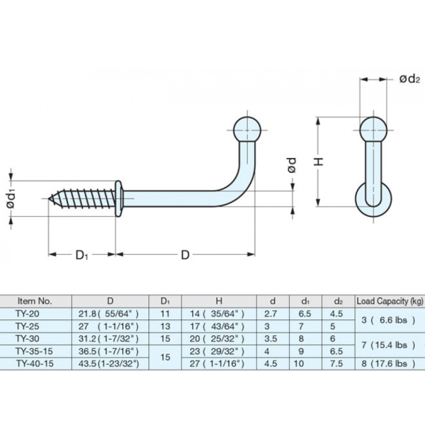 dimensions of Sugatsune Screw In Cup Hook
