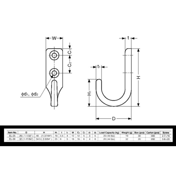diagram of Sugatsune Single Wall Hook