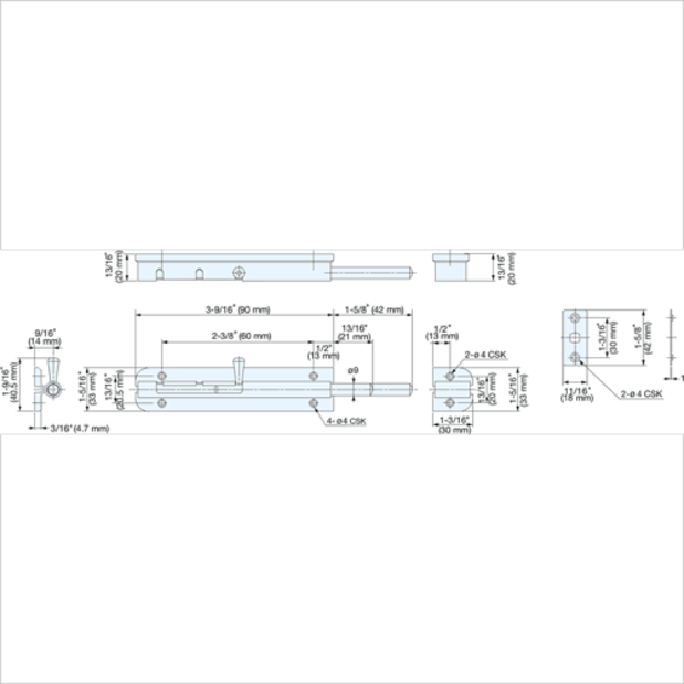 dim of Sugatsune Slide Barrel Bolt - BSS-2