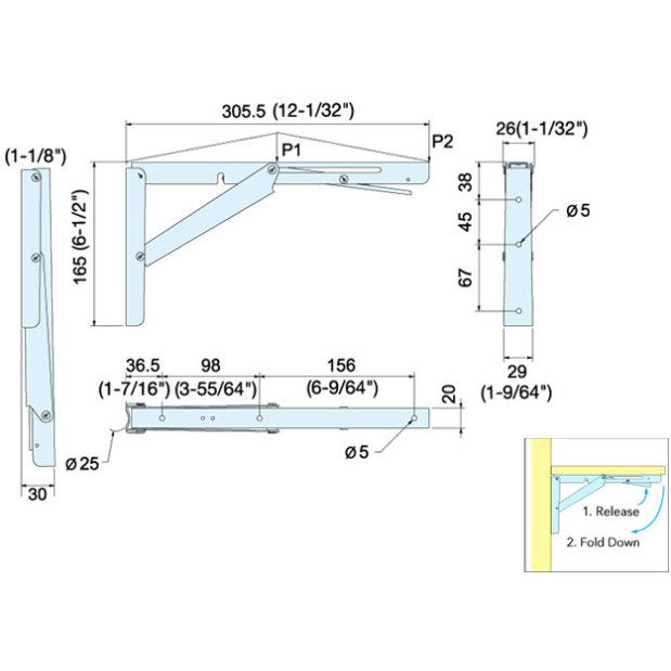 diagram of Sugatsune Stainless Steel Folding Bracket