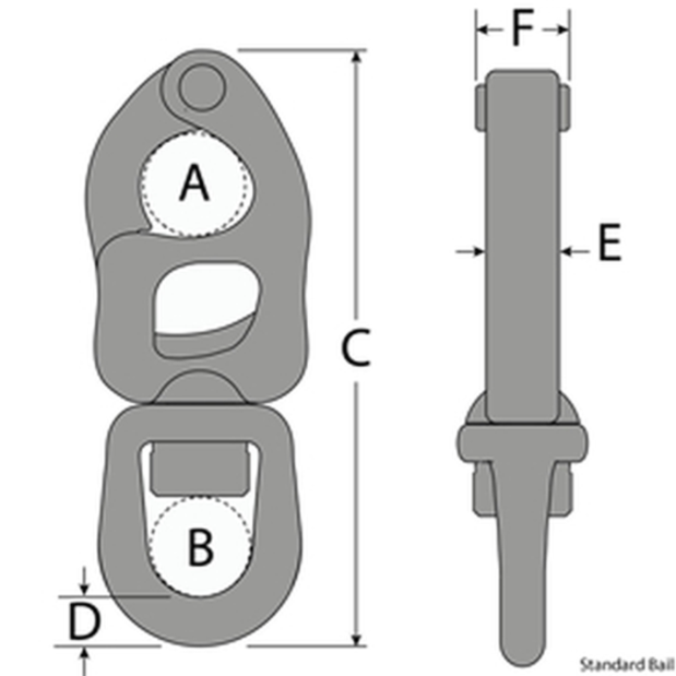 Tylaska T-Series Trigger Release Snap Shackle - Standard Bail Model Dimensions