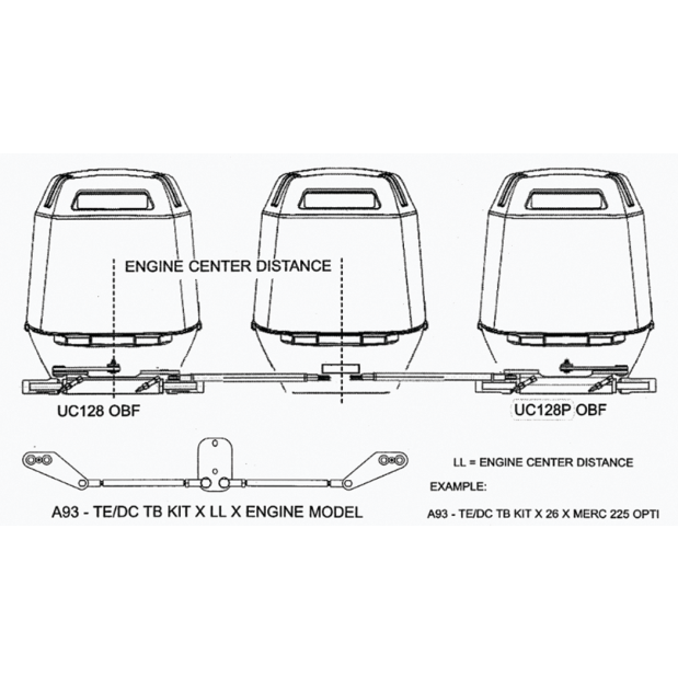 Diagram of U-flex A93 Tie Bar - for Triple Outboard Engines with Dual Hydraulic Steering Cylinders