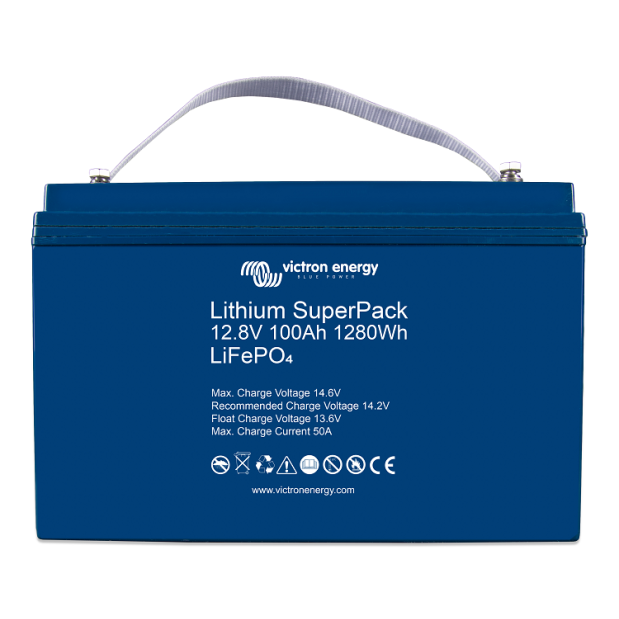 Front View of Victron Energy 12.8V Lithium SuperPack 100 Amp Batteries