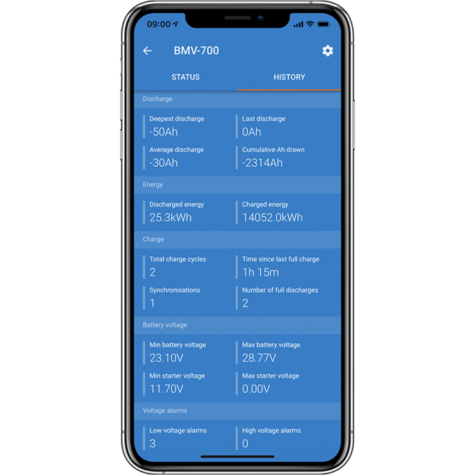Smartphone App Illustrated of Victron Energy Victron BMV-700 Precision Battery Monitor - w/ Bluetooth Capability