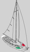 Sailboat under sail displaying red and green sidelights and a white stern light