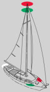 Sailboat under sail displaying optional all-round red over green lights at the top of the mast