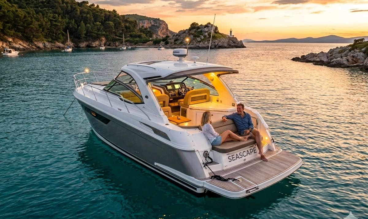 A modern powerboat at anchor using power, representing the integration of advanced marine electrical systems and LiFePO4 battery technology.