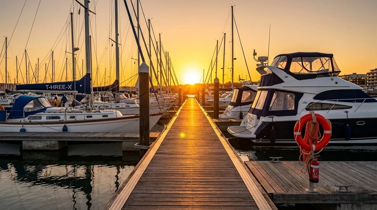 A modern sailboat docked at a marina with shore power connections, highlighting the importance of GFCI protection in damp marine environments.