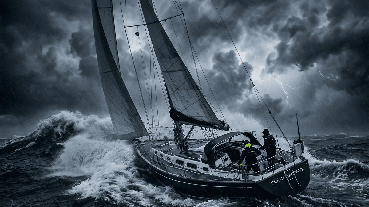 A sailboat navigating through heavy, stormy seas and large waves, illustrating the critical conditions that may require an abandon ship ditch bag.