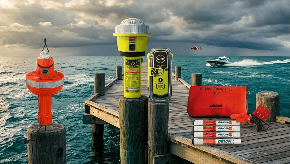 Collection of ACR Electronics emergency beacons and Orion Safety pyrotechnic flares arranged on a dock.