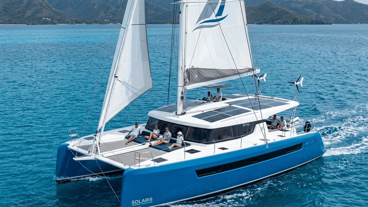 A cruising catamaran using a hybrid renewable energy system with solar panels mounted on the bimini and wind generators at the stern.
