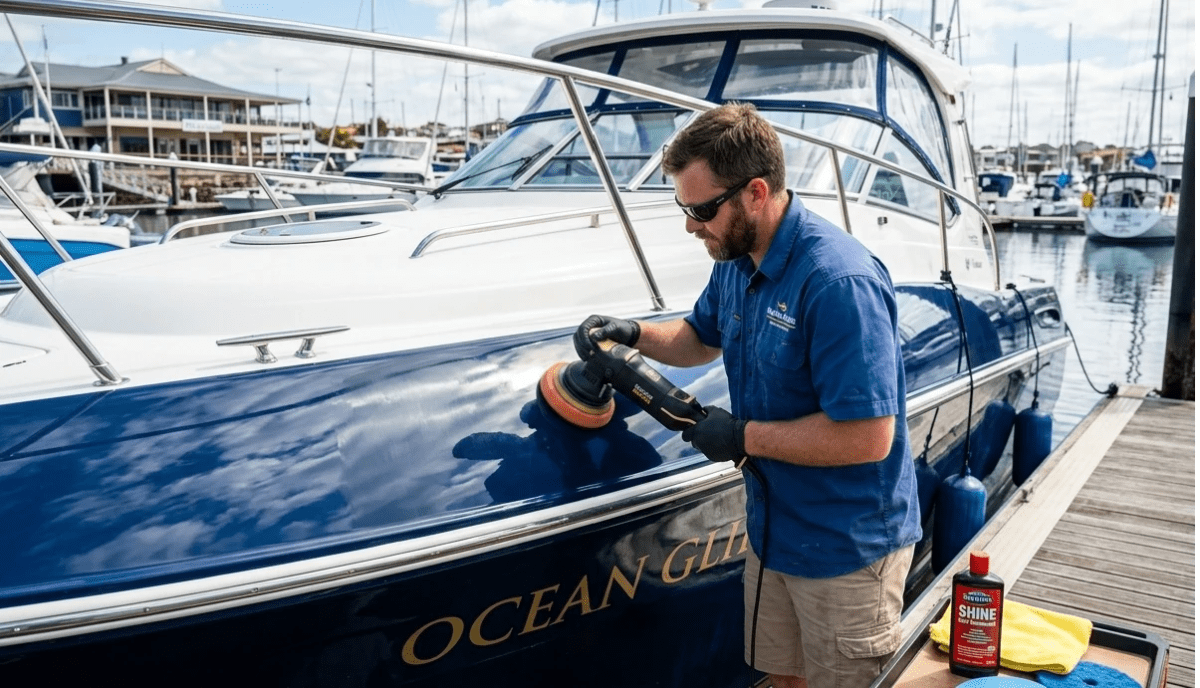 A variety of marine buffing and polishing pads including wool, foam, and microfiber styles for boat hull maintenance.