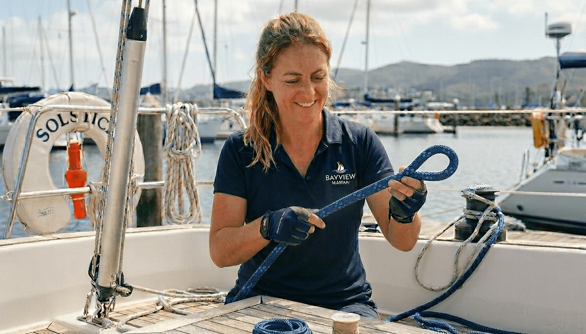 A completed double braid eye splice in a Class I polyester sailboat halyard line, showing a clean throat transition and a secure lock-stitched loop.