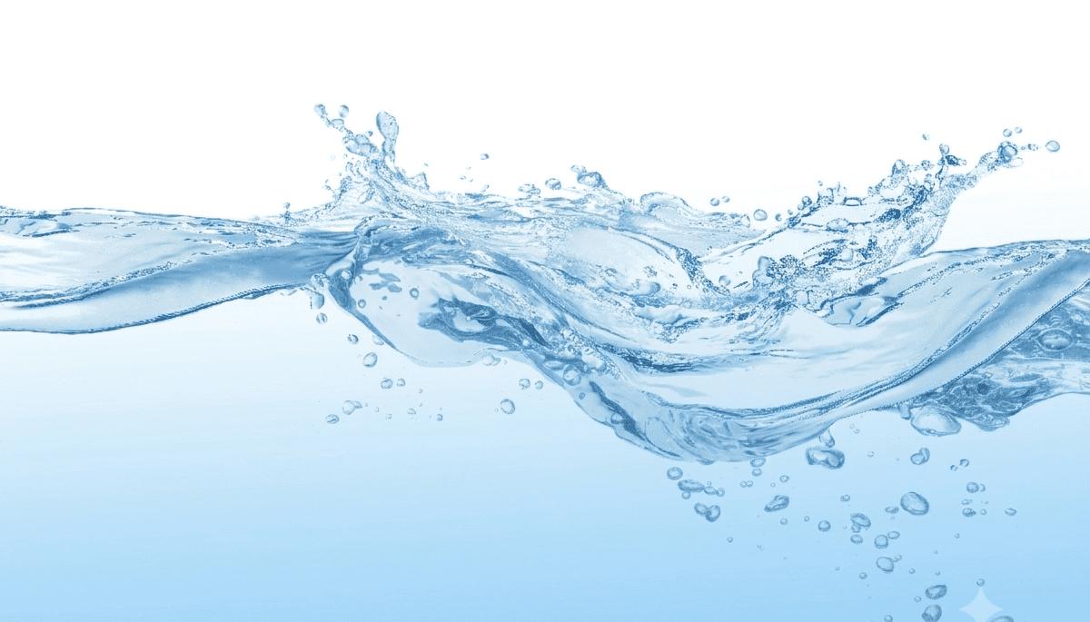 A close-up panoramic splash of clean, refreshing fresh water, symbolizing the luxury of unlimited water for showers and cleaning while living off-grid on a boat.