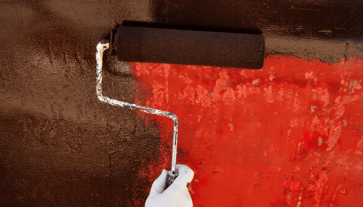 A worker applying antifouling bottom paint to a boat hull.