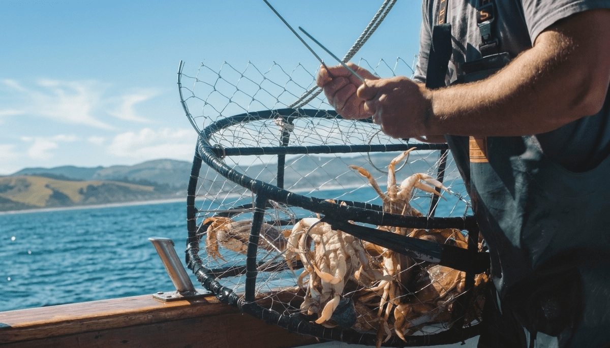 Several freshly caught Dungeness crabs harvested from the cold waters of Puget Sound held inside a commercial-style recreational crab pot.