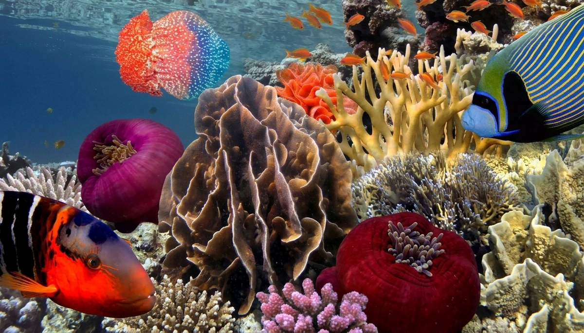 Vibrant tropical coral reef teeming with colorful fish in clear blue water, illustrating healthy marine ecosystems