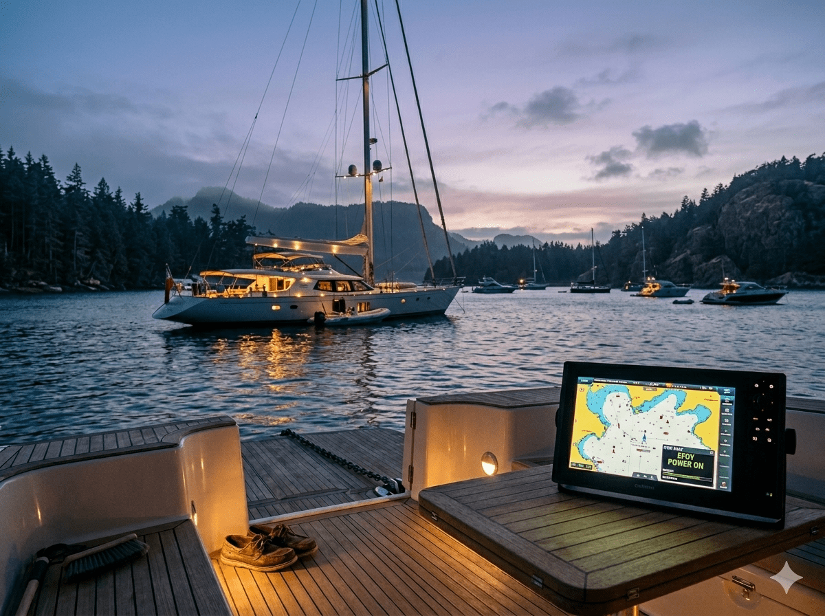 EFOY Direct Methanol Fuel Cell technology installed on a recreational boat providing eco-friendly power day and night.