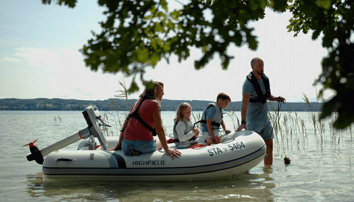 Family riding in a dinghy powered by an electric outboard motor