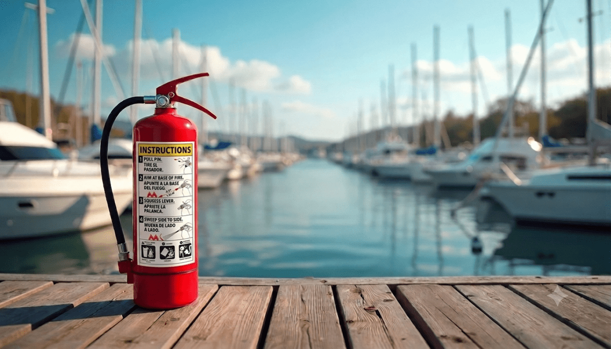 A marine fire extinguisher resting on a dock, highlighting the critical importance of having the right emergency safety equipment onboard your boat.