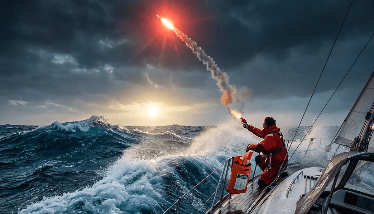 Boat is distress in a storm activating an aerial flare.