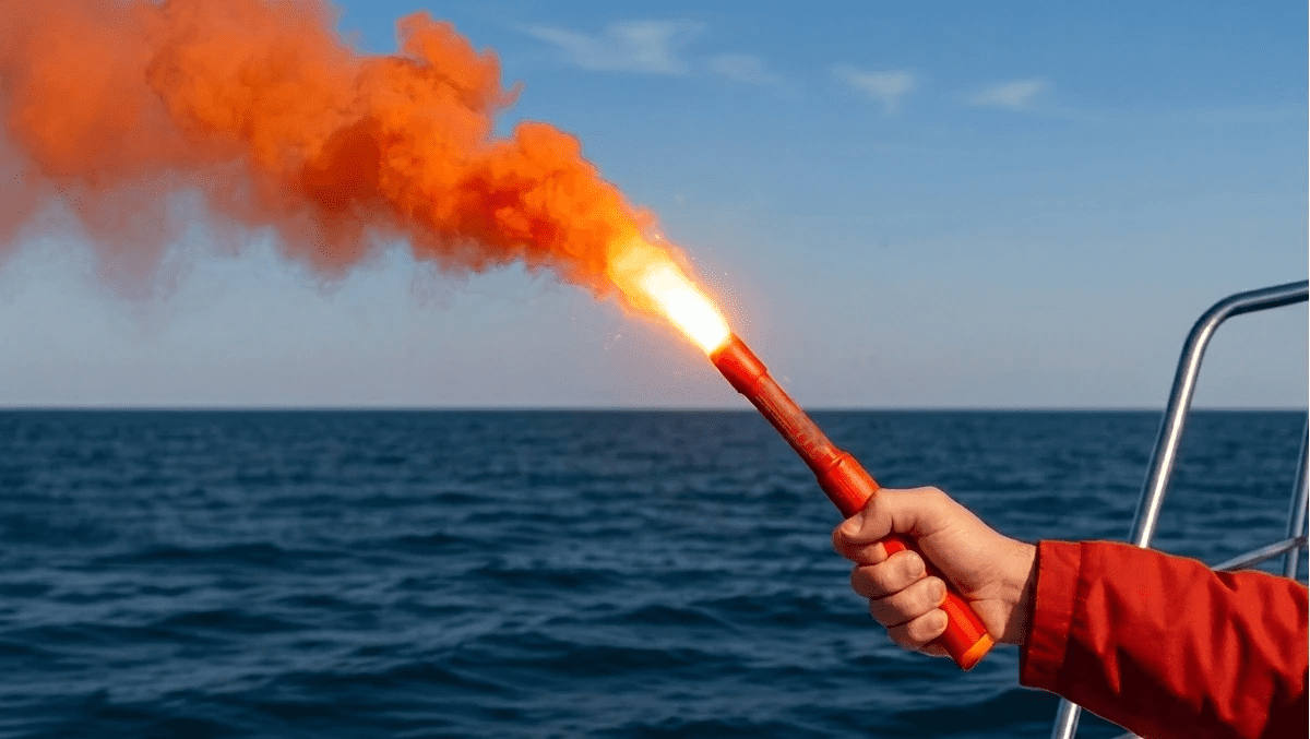 Step-by-step demonstration of safely activating a red handheld marine distress flare on a boat.