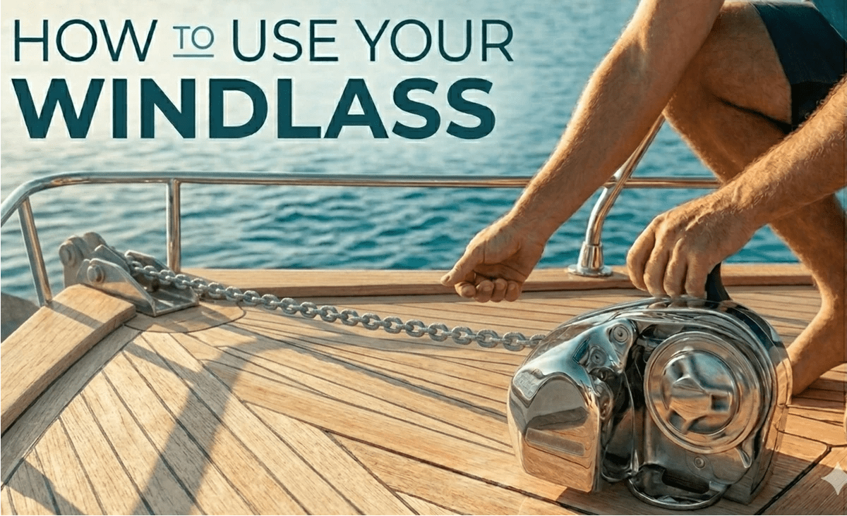 Close-up of a marine anchor windlass retrieving a galvanized chain on the bow of a boat at anchor.