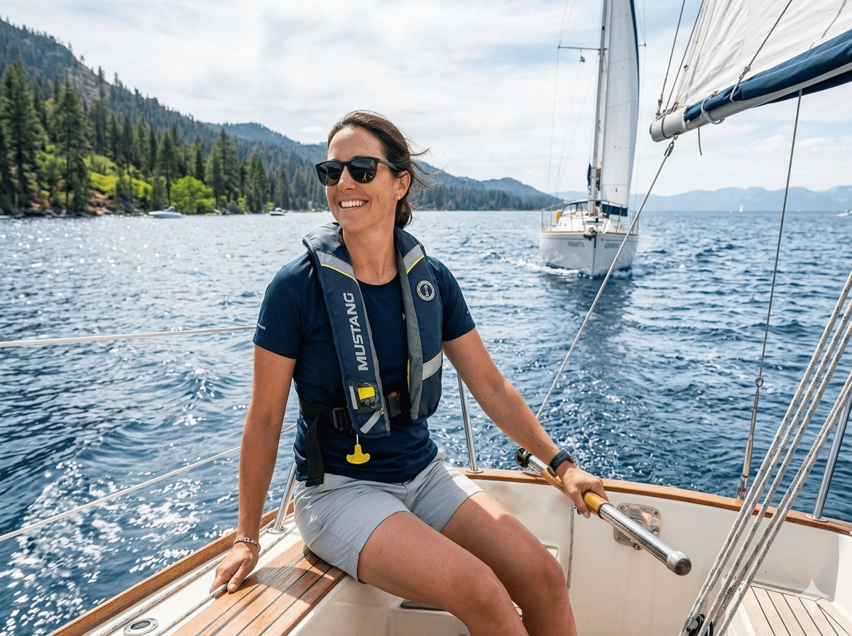 A sailor enjoying a qbeautiful sail, wearing an inflatable PFD life jacket to ensure emergency readiness.