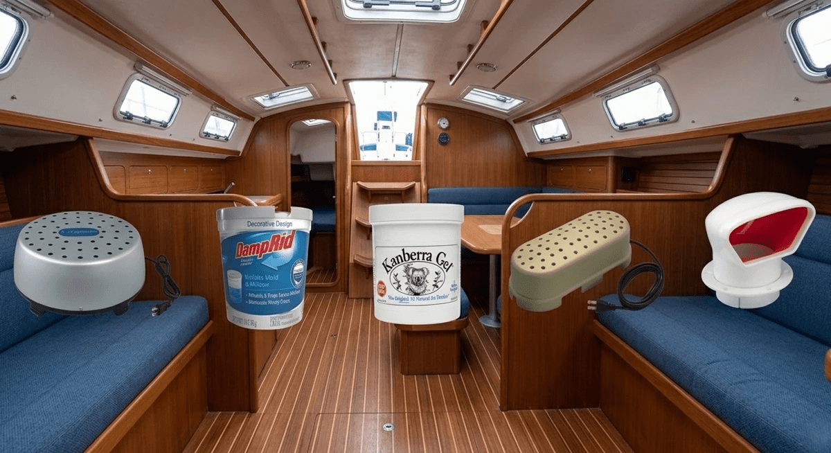 A well-maintained boat interior showing a clean cabin and dry upholstery to prevent mold and mildew.