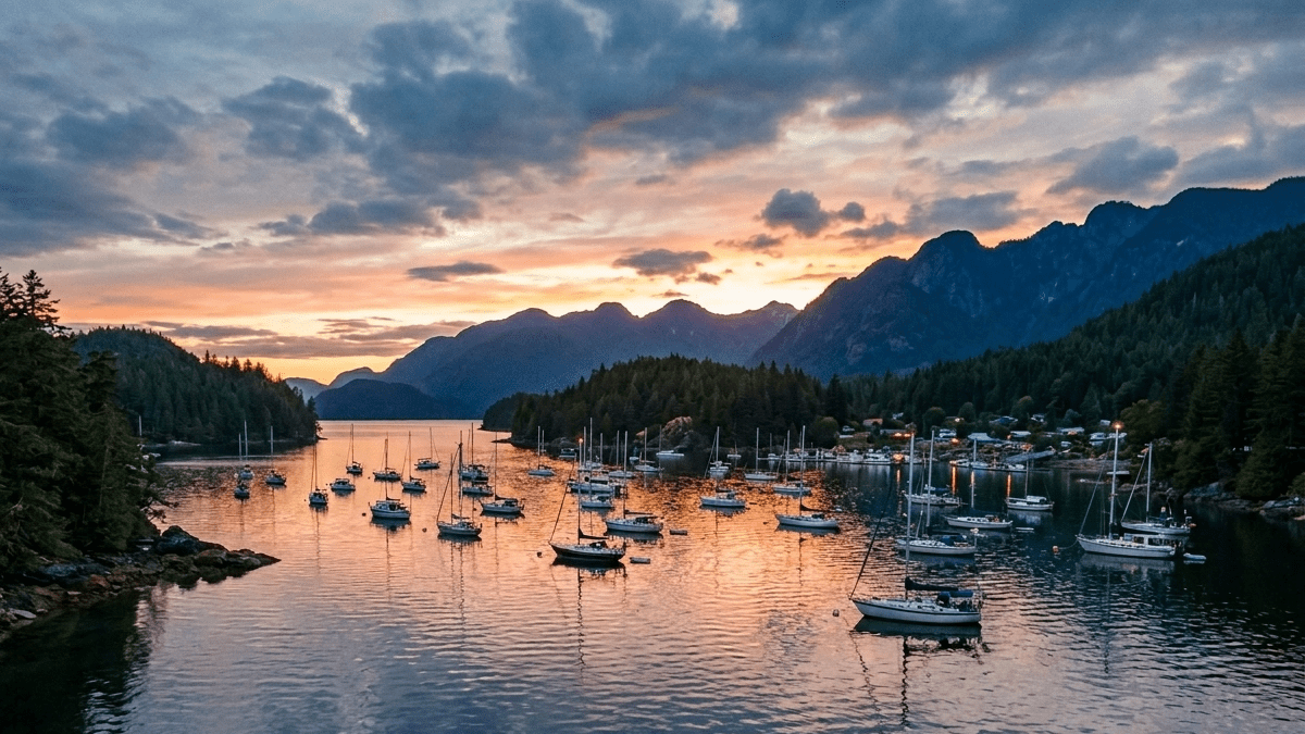 Leisure boats anchored and moored in calm waters during a vibrant sunset, representing the use of marine batteries and the boating lifestyle.