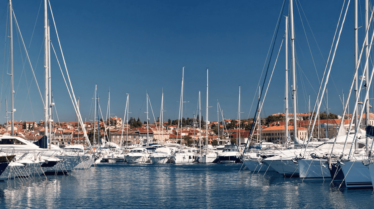 Boats docked at a marina, illustrating the setup for marine battery charging and shore power connection.