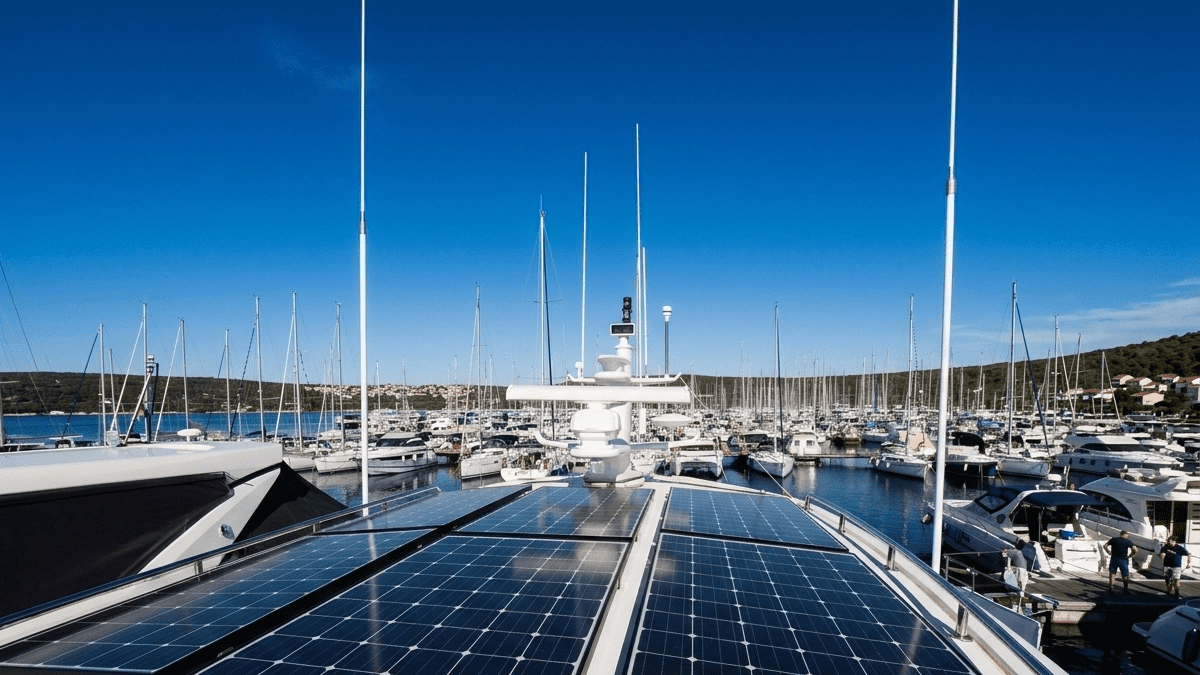 Cruising sailboat at anchor utilizing marine solar panels to charge onboard house battery banks.