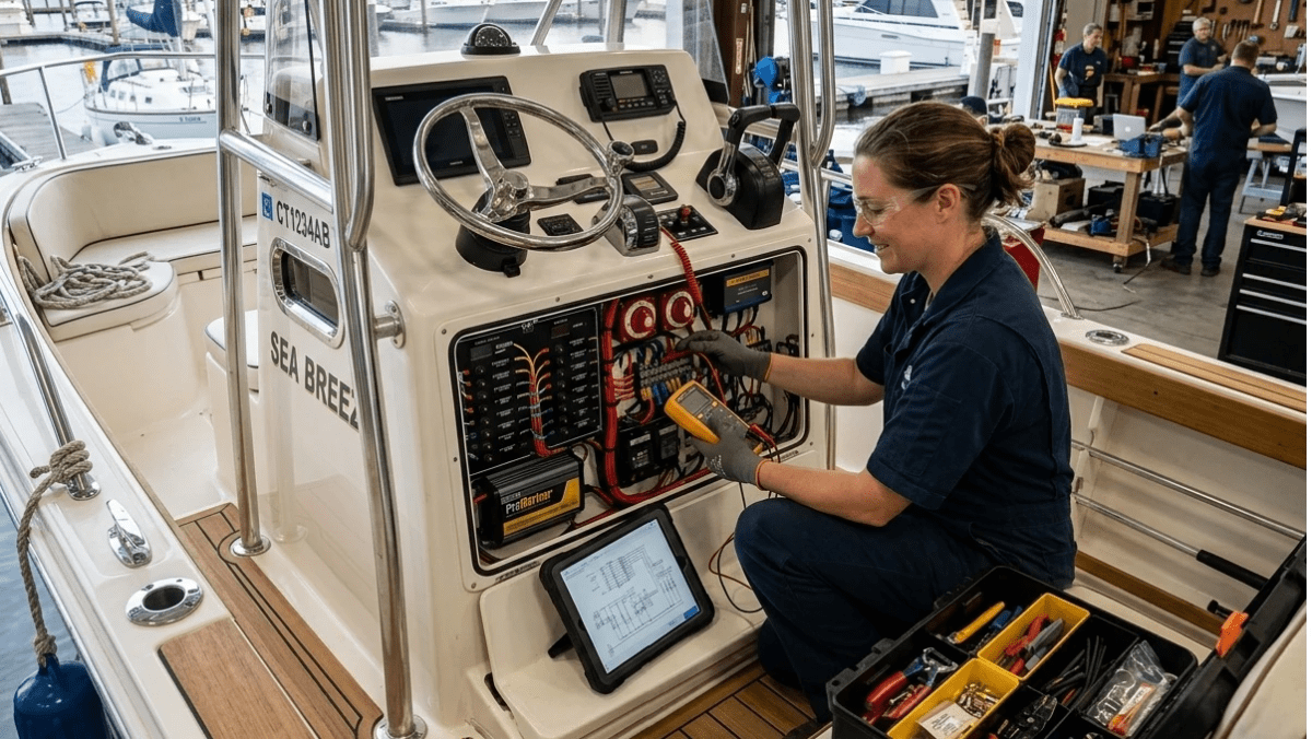A good view of a clean, well-organized marine electrical system featuring marine-grade wiring and a technician working on boat electrical maintenance.