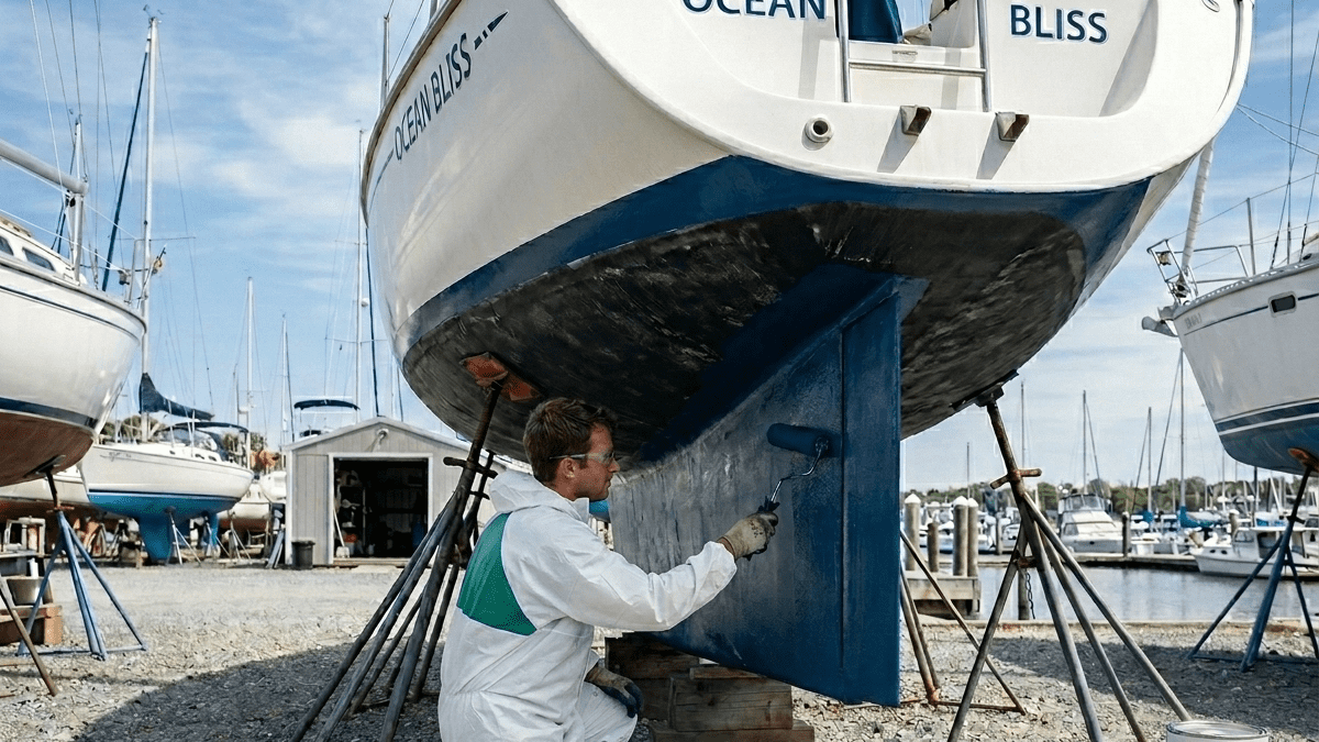 Boat hauled out of the water with a clean hull, prepared for bottom painting.