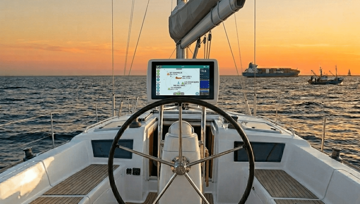 A modern marine electronics display showing real-time AIS target tracking overlaid on a navigation map to prevent collision at sea.
