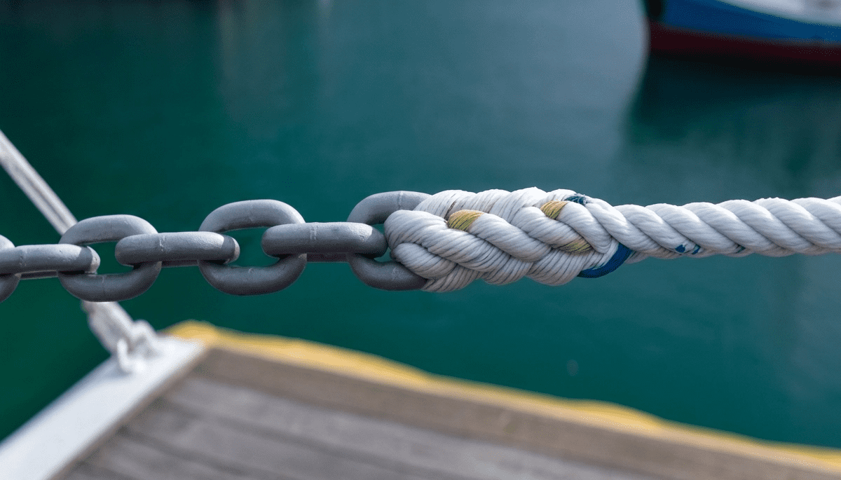 A completed rope-to-chain splice connecting a three-strand nylon anchor line smoothly to a marine anchor chain link.