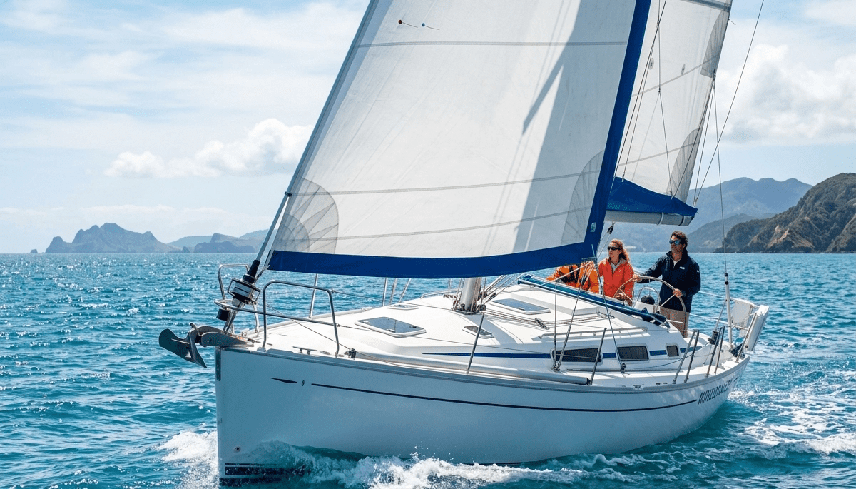 A modern cruising sailboat sailing on open water with its large headsail fully deployed using a roller furling system.