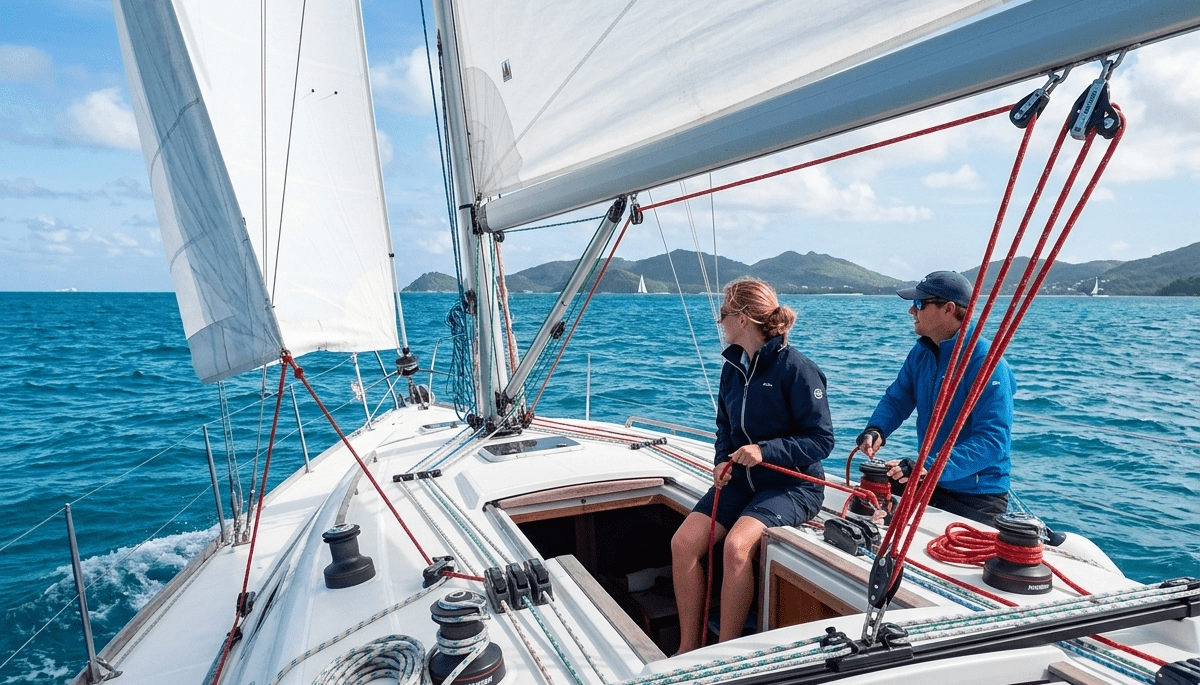 A sailboat cruising on open water with its large headsail fully deployed, showcasing high-performance running rigging.