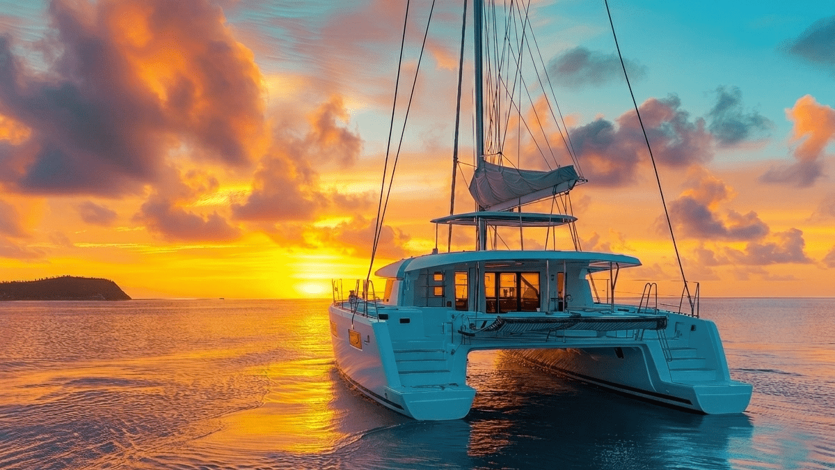 A cruising catamaran at anchor during sunset, illustrating off-grid marine electrical usage and battery bank capacity needs