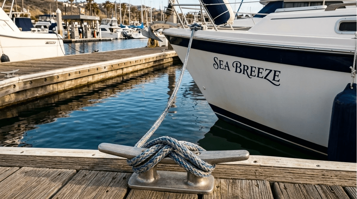 Marina dock line made of double-braid nylon securing a recreational boat to a wooden pier.