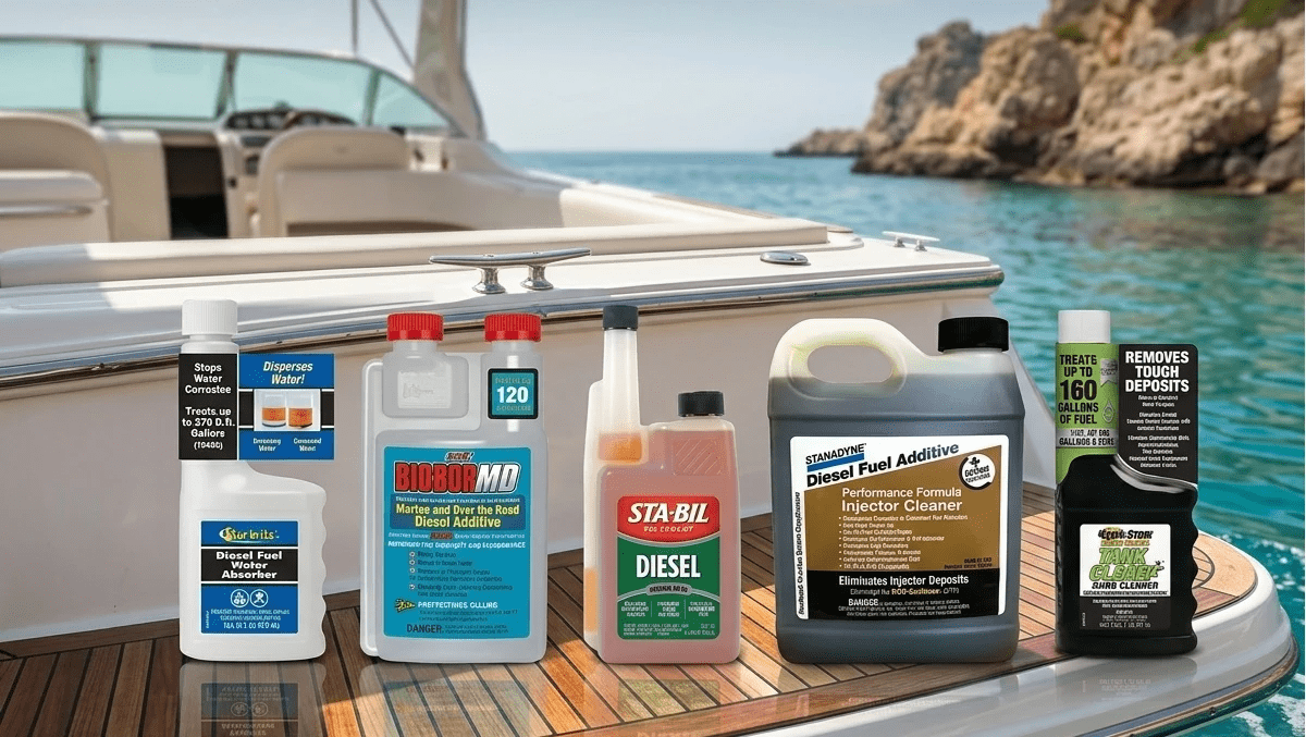 Marine fuel additive are used in a boat's fuel deck fill to prevent ethanol phase separation and engine corrosion