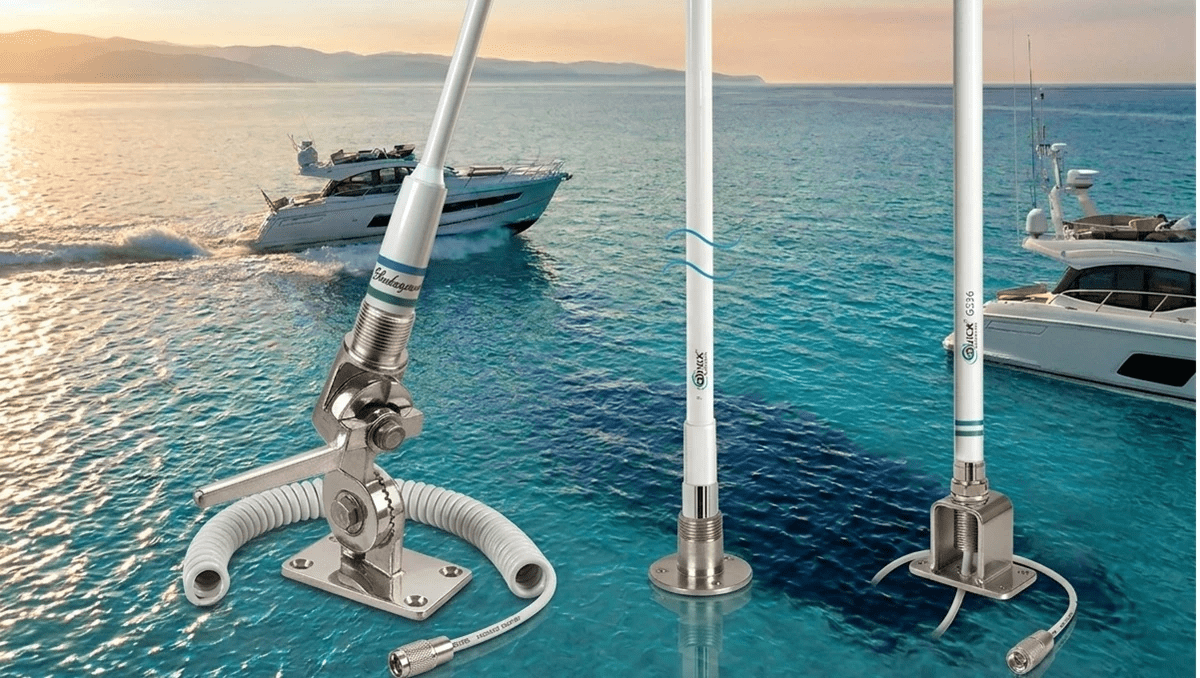 Close-up of a high-gain marine VHF antenna and stainless steel adjustable mount installed on a boat.